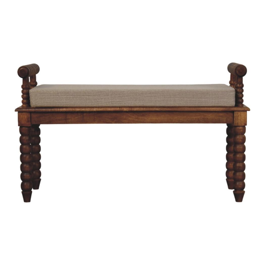 Spindle Amber Linen Bench | Solid Mango Wood | Amber Finish | Upholstered Hallway Seat