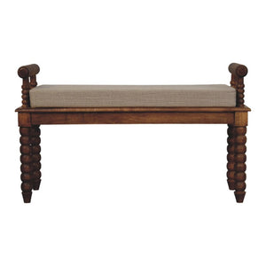 Spindle Amber Linen Bench | Solid Mango Wood | Amber Finish | Upholstered Hallway Seat