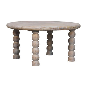Spindle Coffee Table | Solid Mango Wood | Salted Oak Finish | Sculptural Round Centre Table