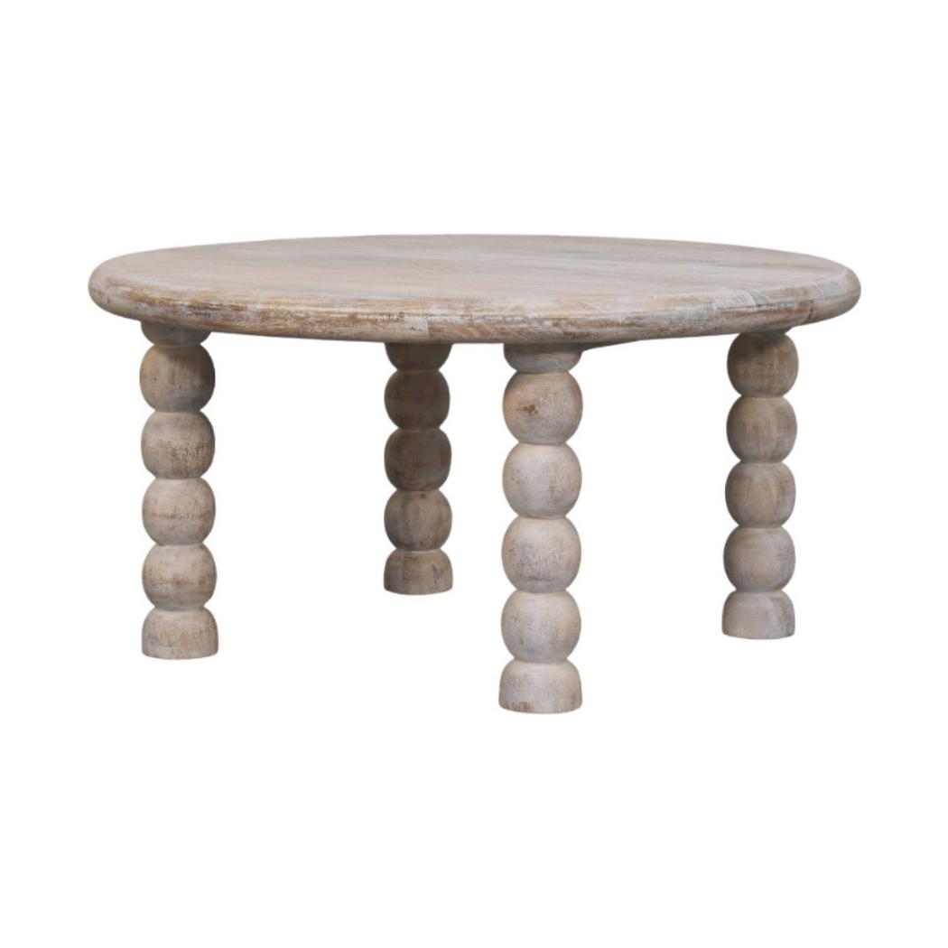 Spindle Coffee Table | Solid Mango Wood | Salted Oak Finish | Sculptural Round Centre Table