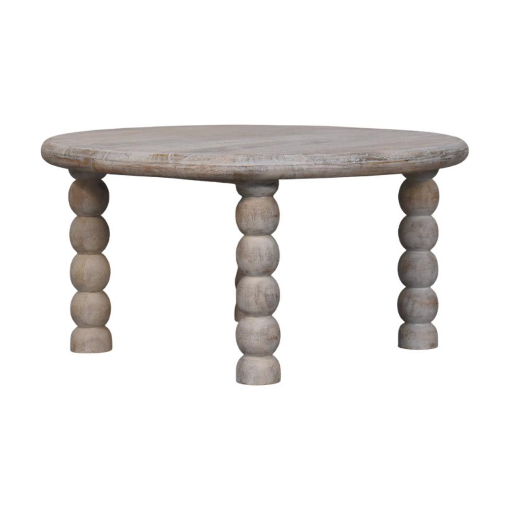 Spindle Coffee Table | Solid Mango Wood | Salted Oak Finish | Sculptural Round Centre Table