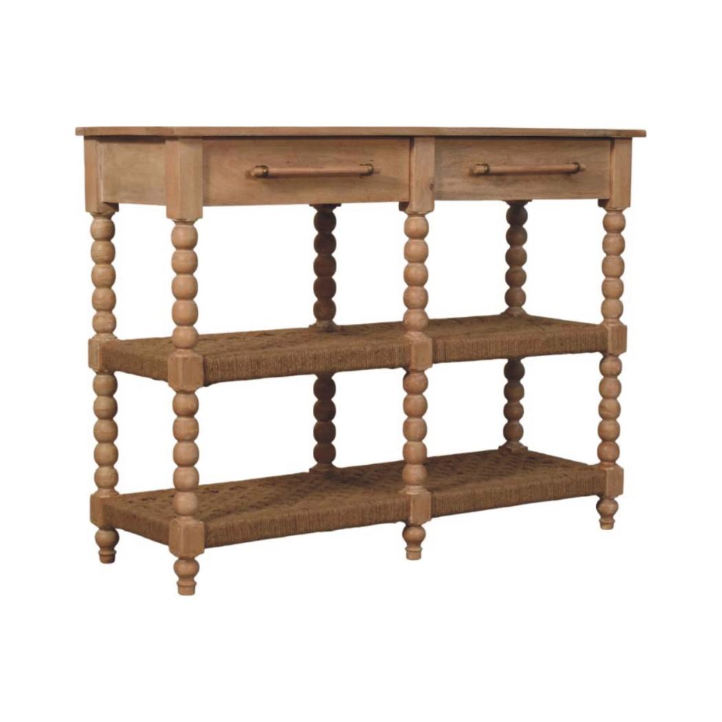 Spindle Console Table | Solid Mango Wood | Stone Driftwood Finish | 2 Drawer Hallway Console with Jute Shelves