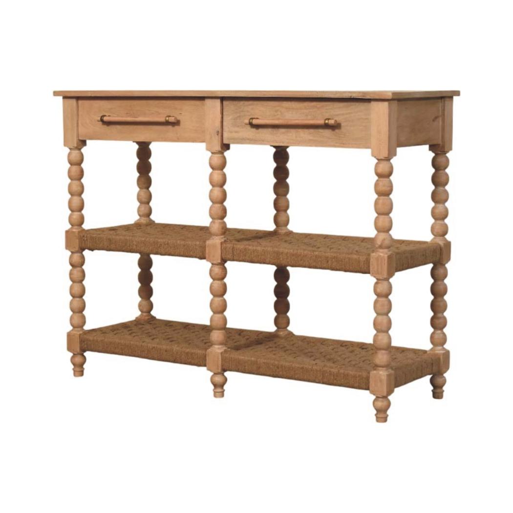 Spindle Console Table | Solid Mango Wood | Stone Driftwood Finish | 2 Drawer Hallway Console with Jute Shelves
