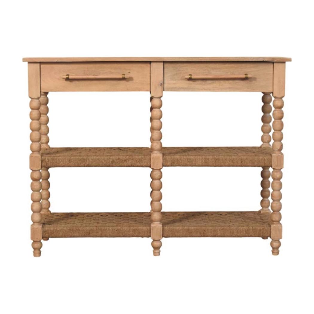 Spindle Console Table | Solid Mango Wood | Stone Driftwood Finish | 2 Drawer Hallway Console with Jute Shelves