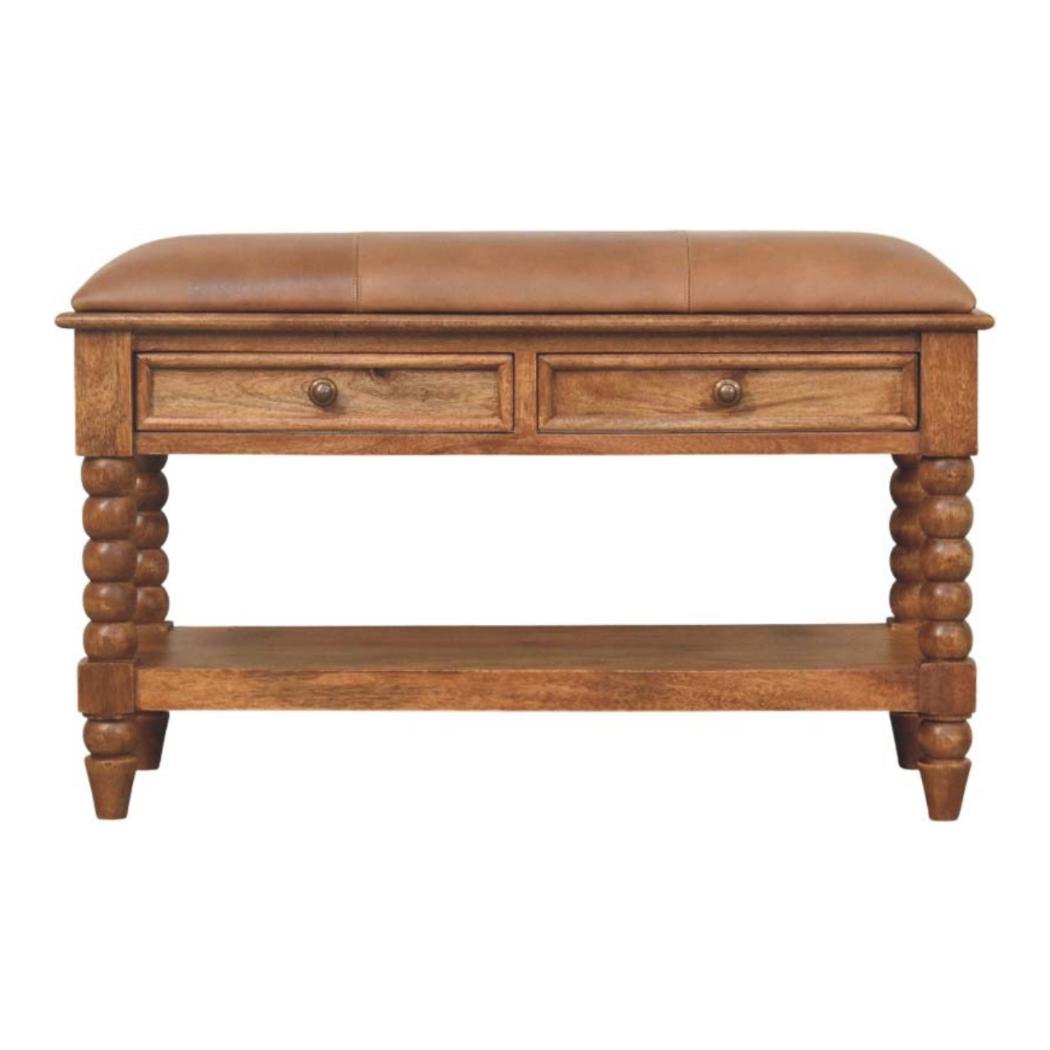 Spindle Leather Bench | Leather Texture | Accent Seating