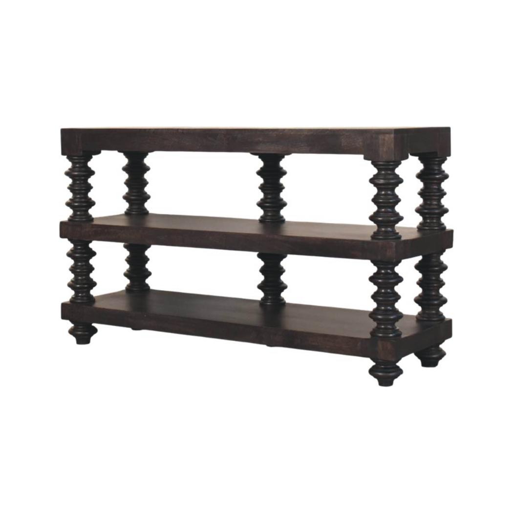 Spindle Shelf Console Table | Solid Mango Wood | Carbon Ash Finish | Open Storage Hallway Table