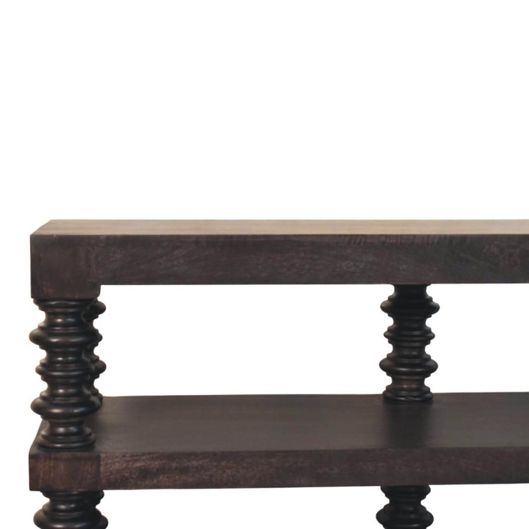Spindle Shelf Console Table | Solid Mango Wood | Carbon Ash Finish | Open Storage Hallway Table