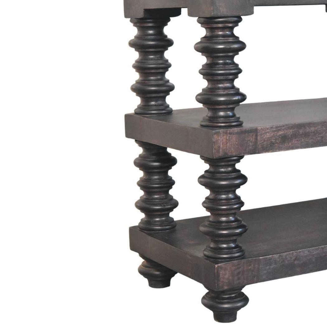 Spindle Shelf Console Table | Solid Mango Wood | Carbon Ash Finish | Open Storage Hallway Table