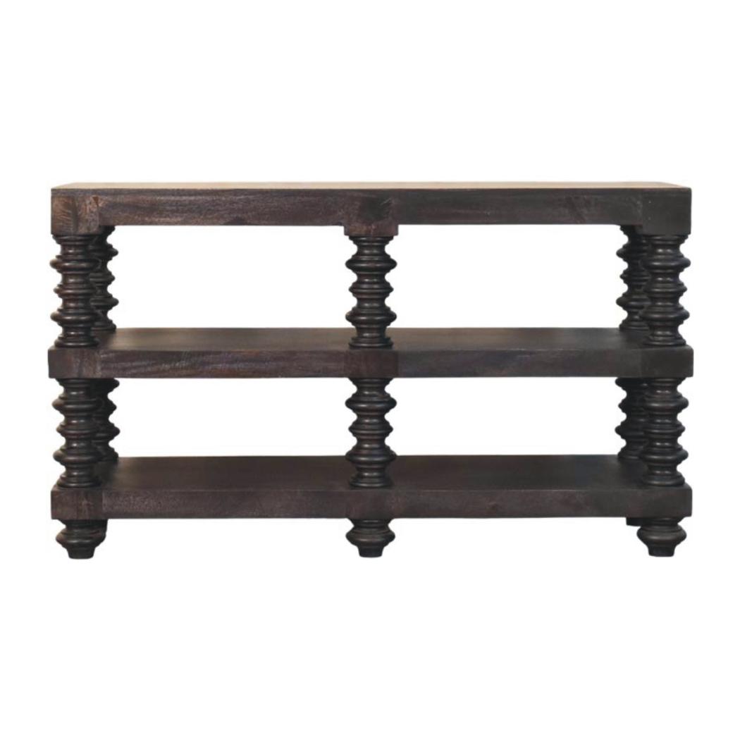 Spindle Shelf Console Table | Solid Mango Wood | Carbon Ash Finish | Open Storage Hallway Table