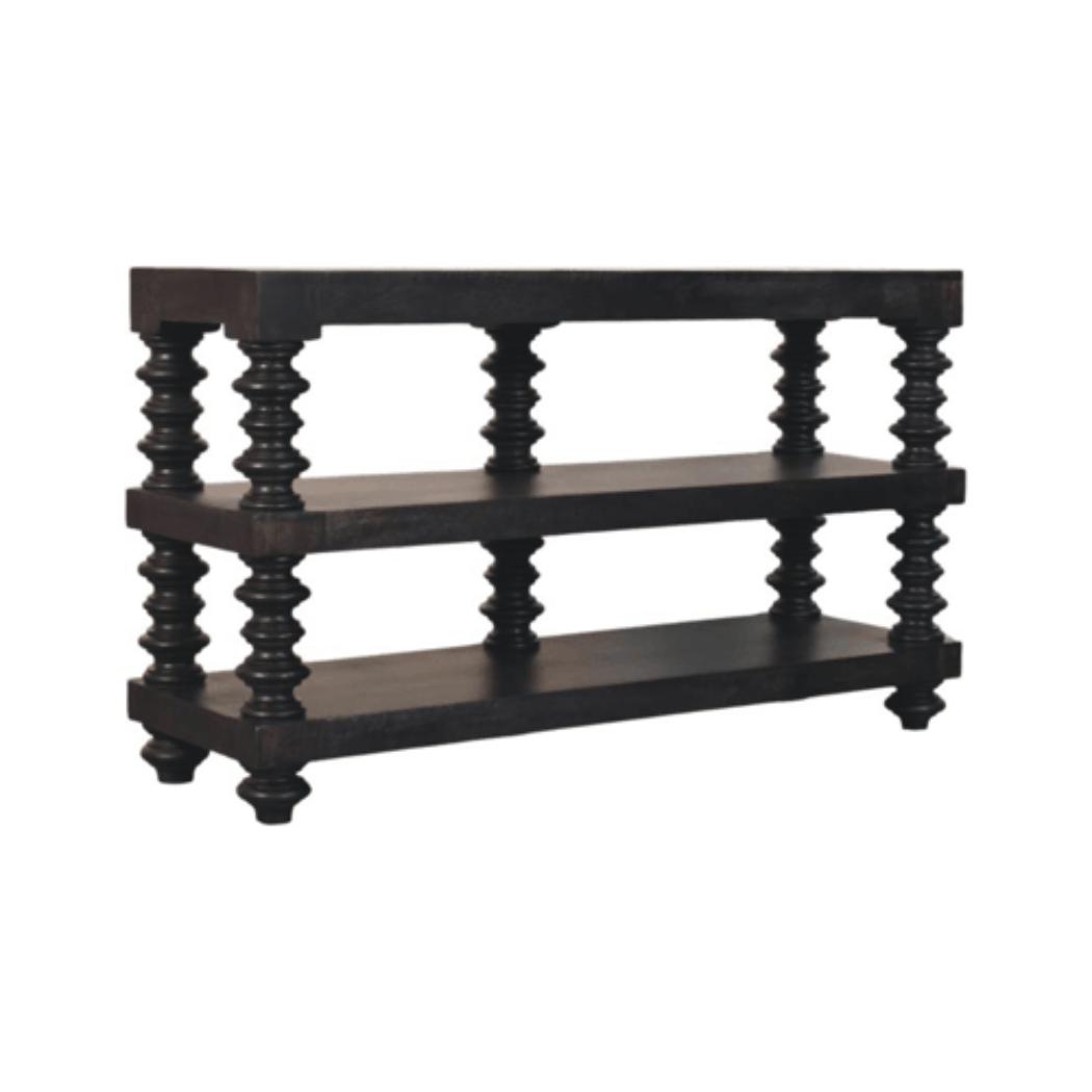 Spindle Shelf Console Table | Solid Mango Wood | Carbon Ash Finish | Open Storage Hallway Table