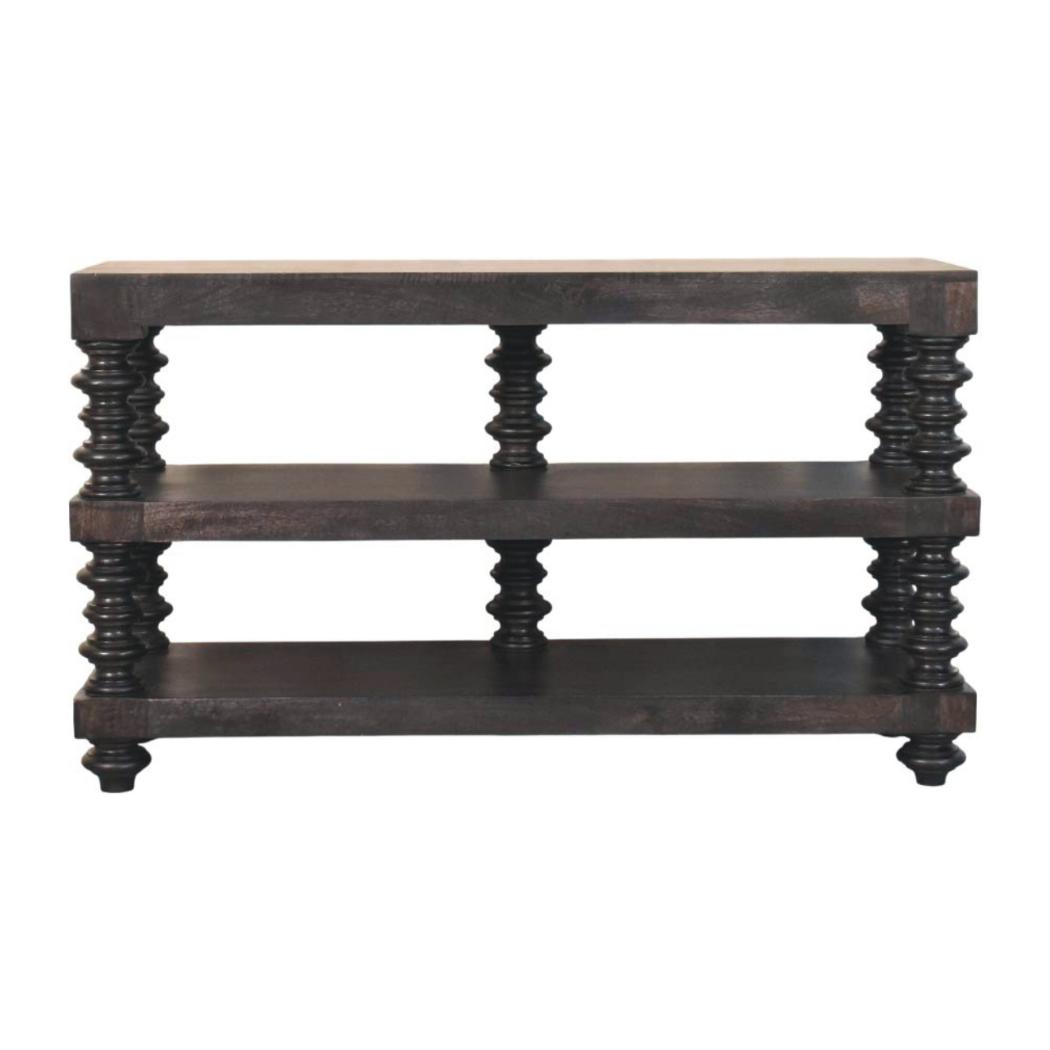 Spindle Shelf Console Table | Solid Mango Wood | Carbon Ash Finish | Open Storage Hallway Table