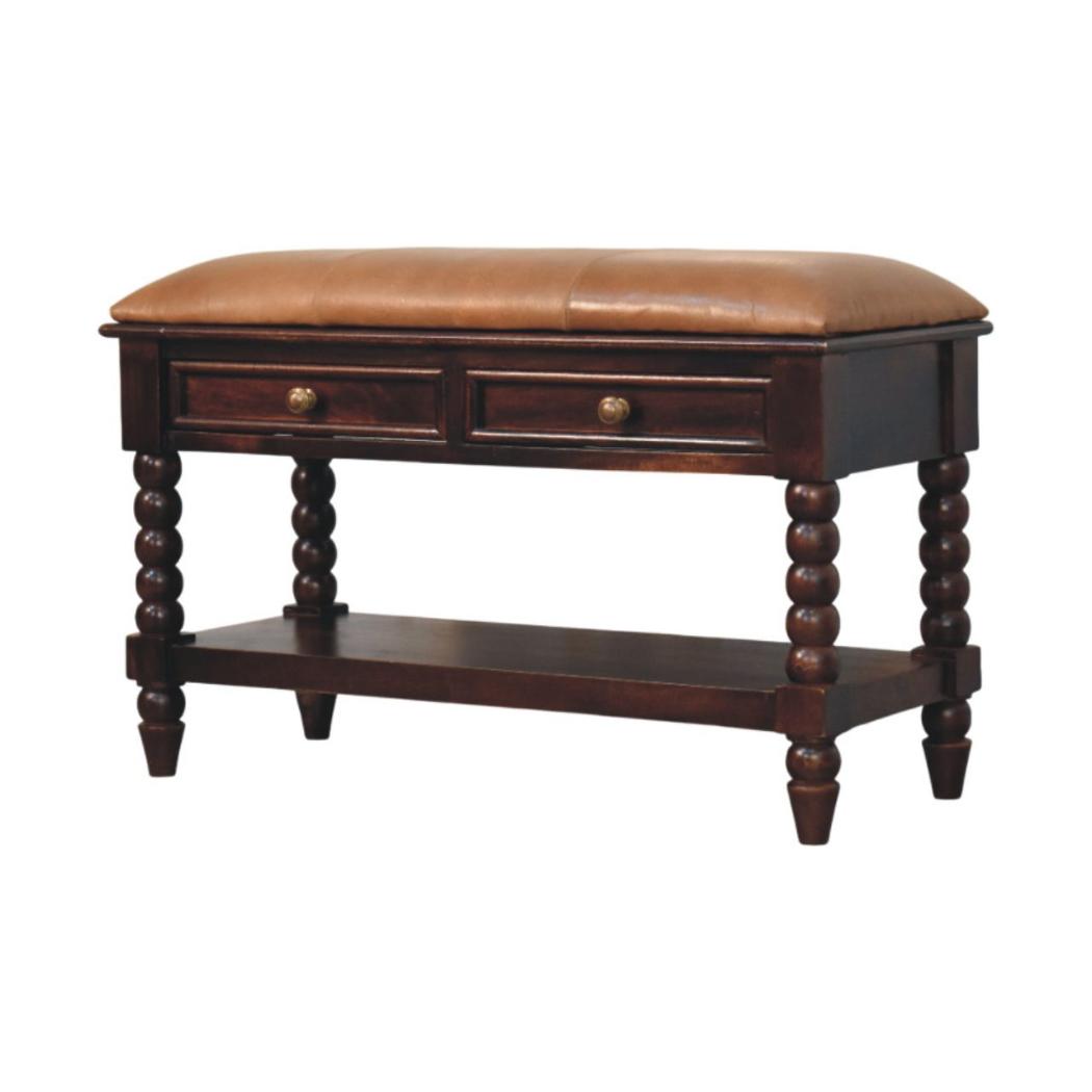 Spindle Winewood Leather Bench | Leather Texture | Accent Seating