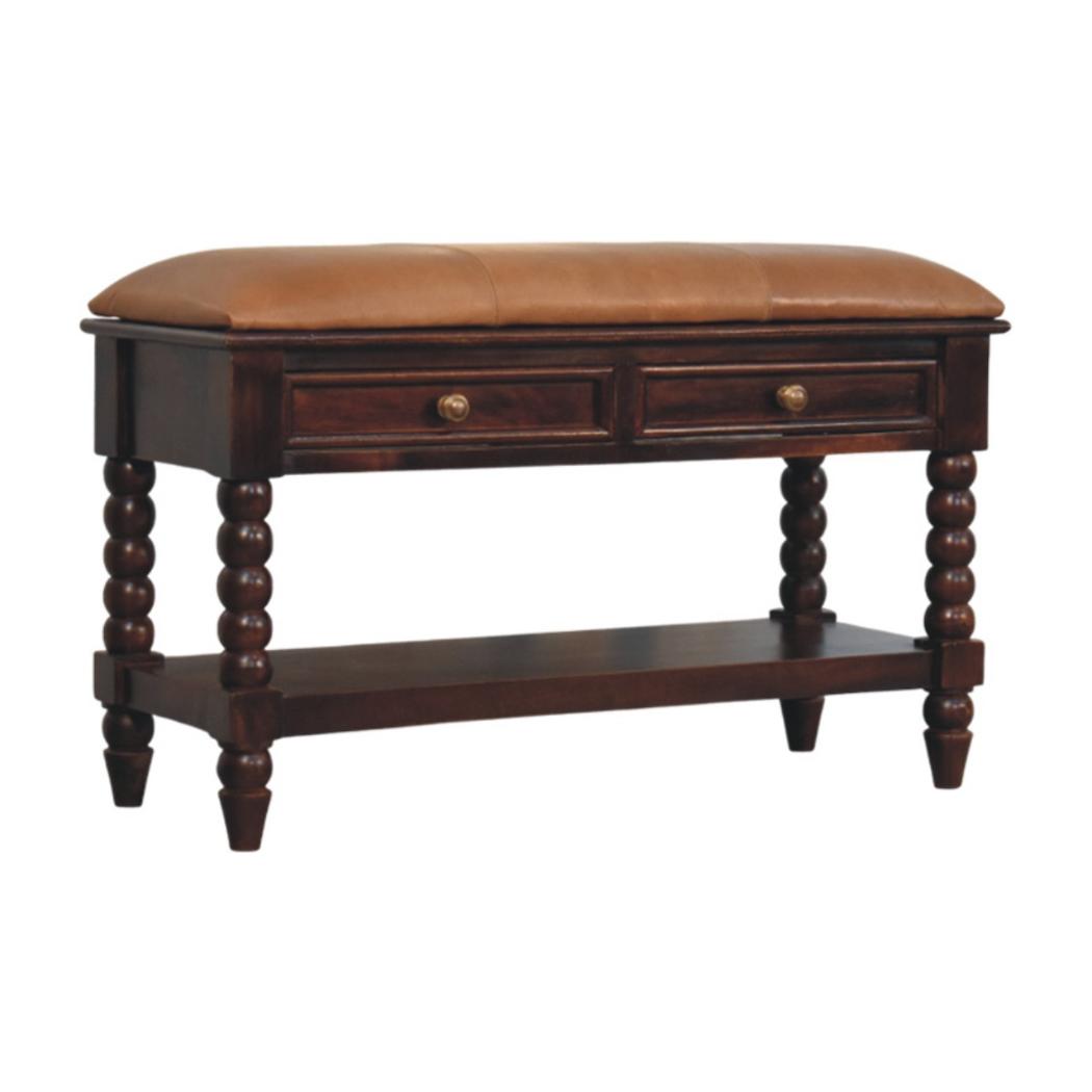 Spindle Winewood Leather Bench | Leather Texture | Accent Seating