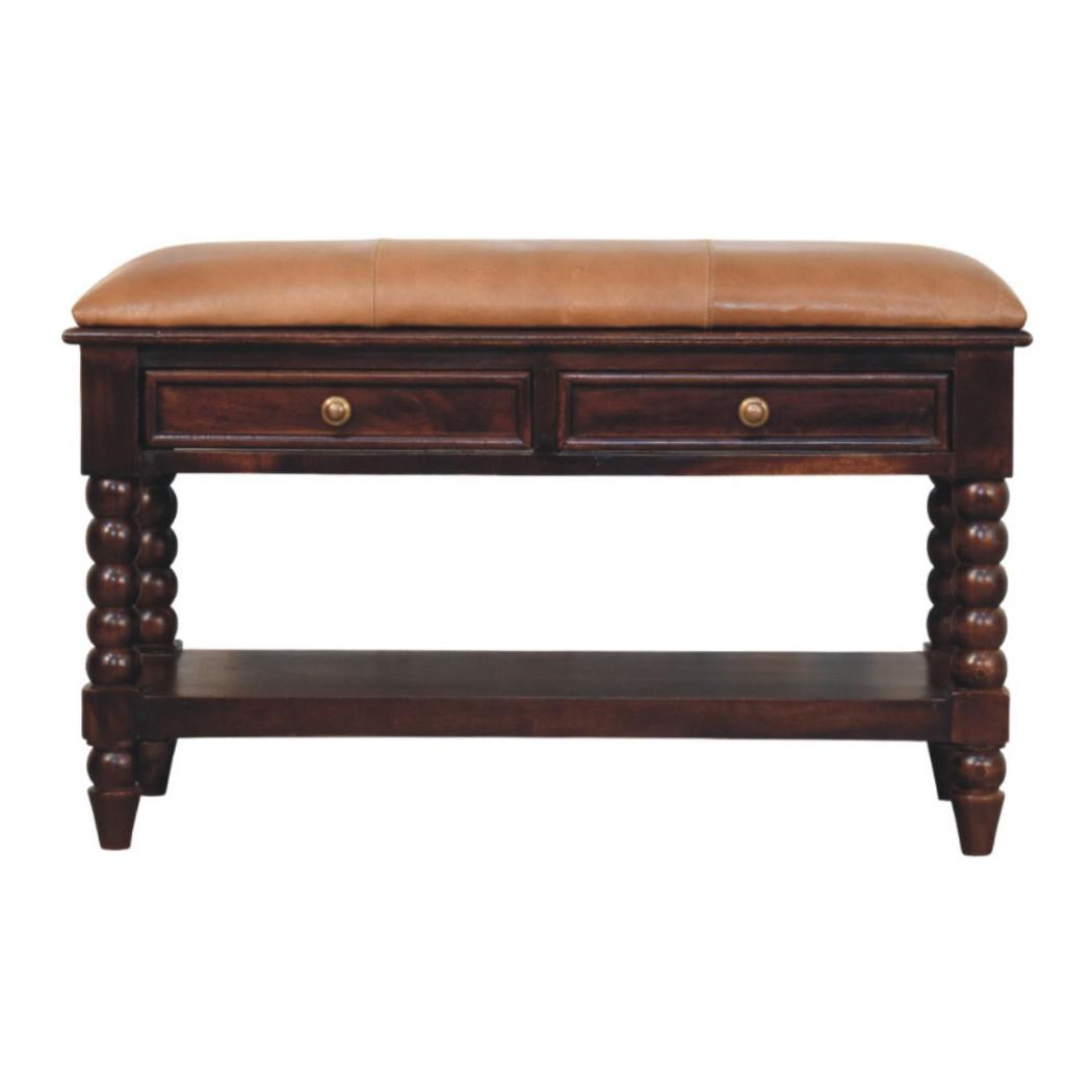 Spindle Winewood Leather Bench | Leather Texture | Accent Seating