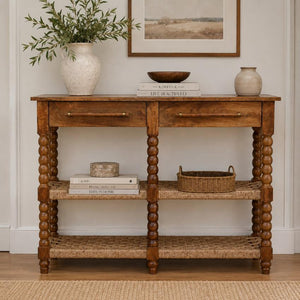 Spindle Woven Console Table | Timber Hallway Table with Woven Detail
