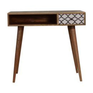 Stella Geo Pattern Writing Desk | Solid Mango Wood | Oak Finish | 1 Drawer & Open Shelf