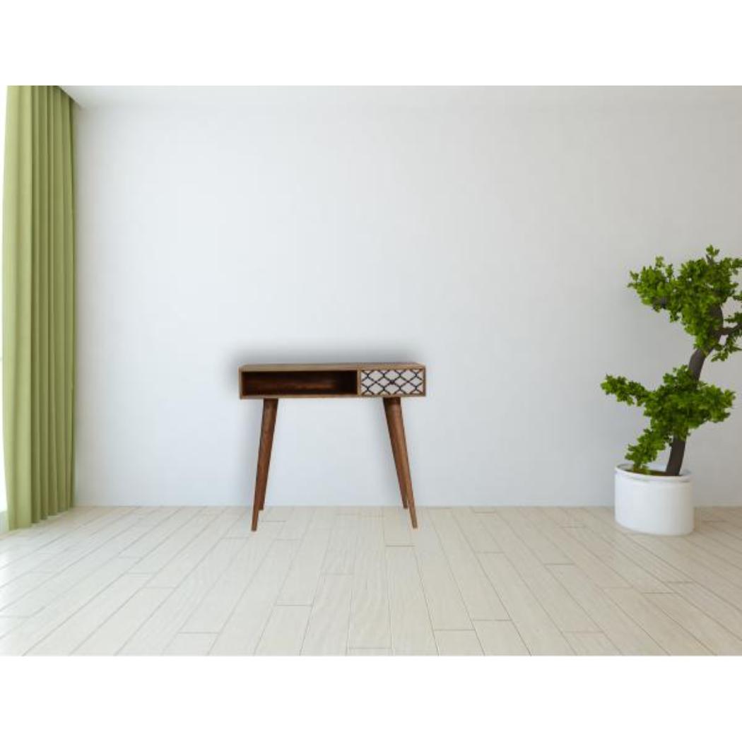 Stella Geo Pattern Writing Desk | Solid Mango Wood | Oak Finish | 1 Drawer & Open Shelf