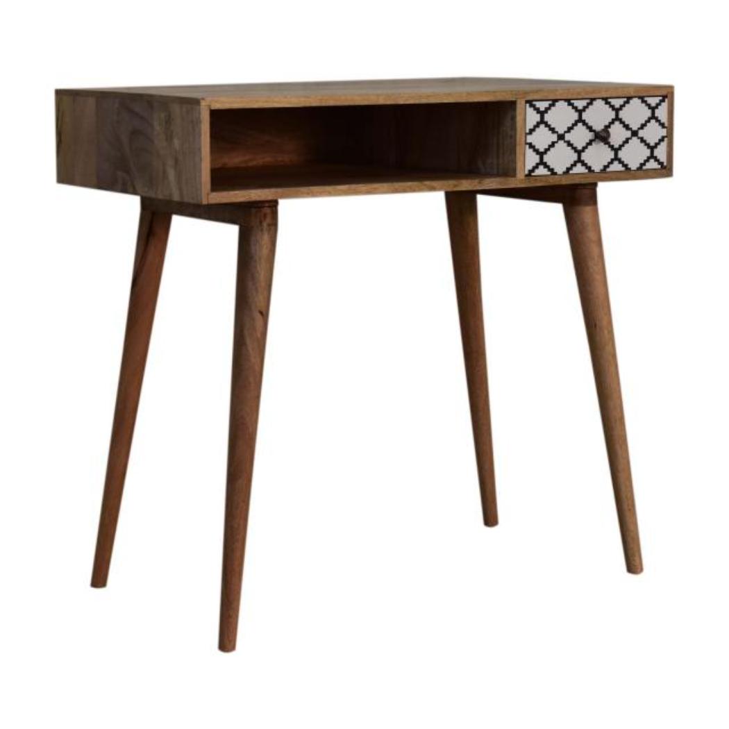 Stella Geo Pattern Writing Desk | Solid Mango Wood | Oak Finish | 1 Drawer & Open Shelf