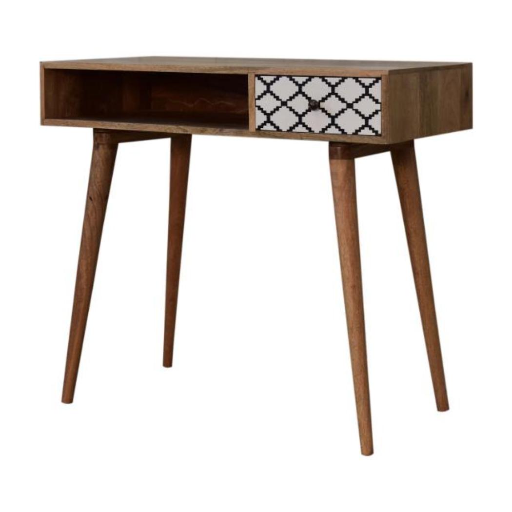 Stella Geo Pattern Writing Desk | Solid Mango Wood | Oak Finish | 1 Drawer & Open Shelf
