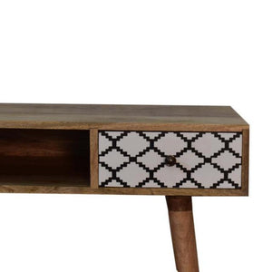 Stella Geo Pattern Writing Desk | Solid Mango Wood | Oak Finish | 1 Drawer & Open Shelf