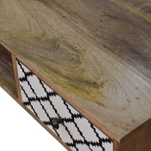 Stella Geo Pattern Writing Desk | Solid Mango Wood | Oak Finish | 1 Drawer & Open Shelf