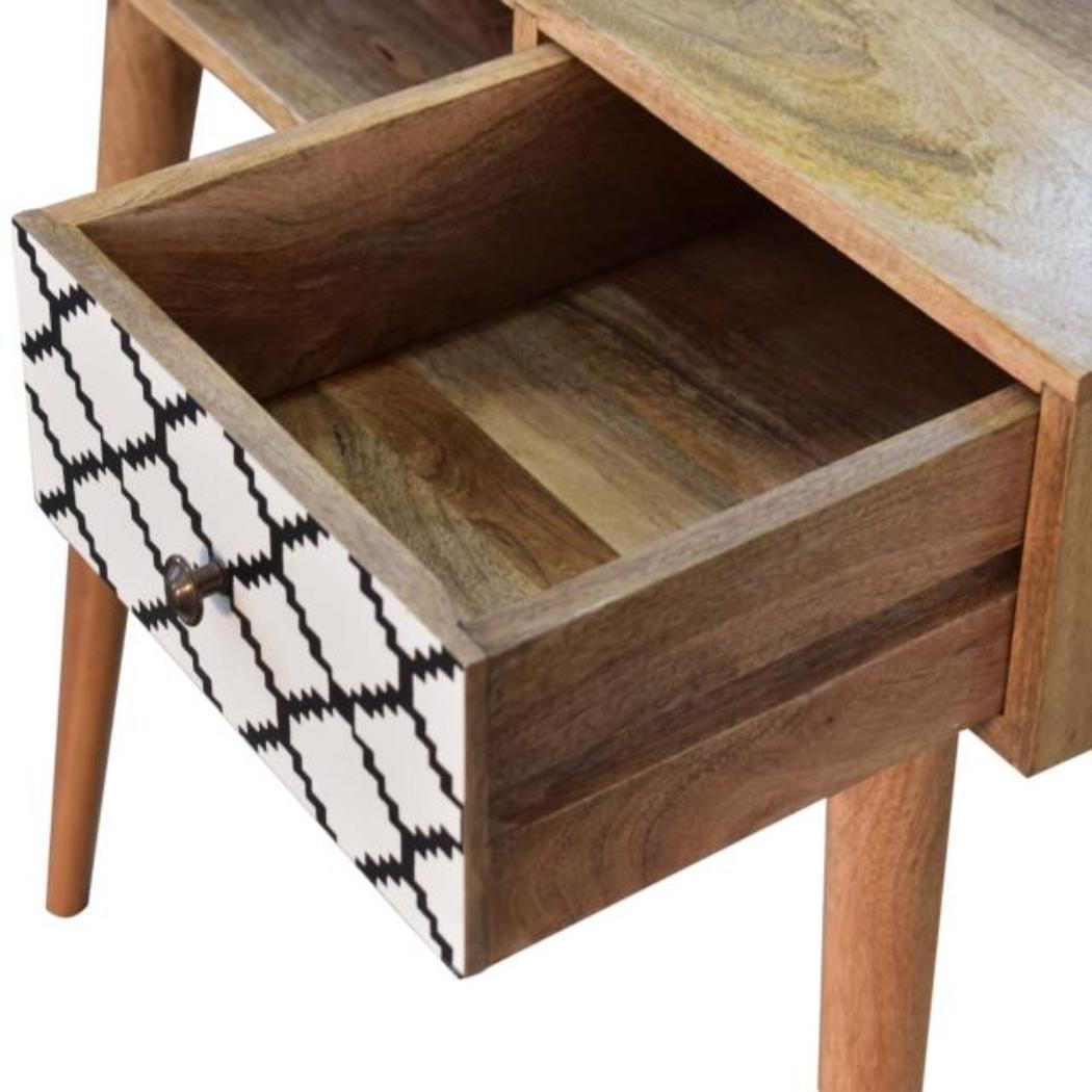 Stella Geo Pattern Writing Desk | Solid Mango Wood | Oak Finish | 1 Drawer & Open Shelf