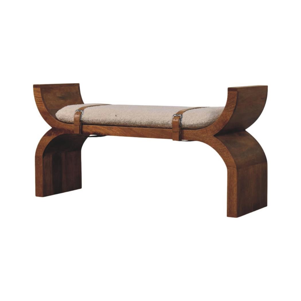 Stirrup Curve Bench | Solid Mango Wood | Amber Oak Finish | Bouclé Upholstered Entryway Bench