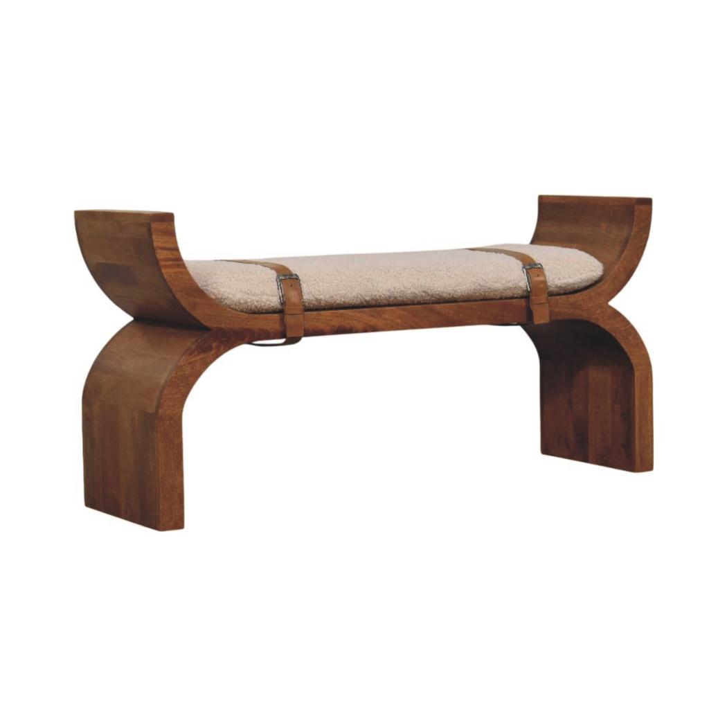 Stirrup Curve Bench | Solid Mango Wood | Amber Oak Finish | Bouclé Upholstered Entryway Bench