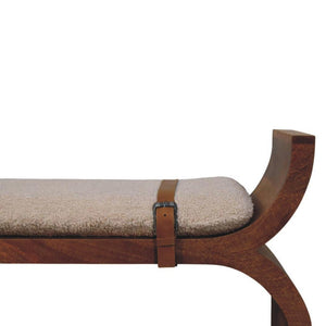 Stirrup Curve Bench | Solid Mango Wood | Amber Oak Finish | Bouclé Upholstered Entryway Bench