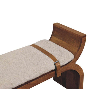 Stirrup Curve Bench | Solid Mango Wood | Amber Oak Finish | Bouclé Upholstered Entryway Bench