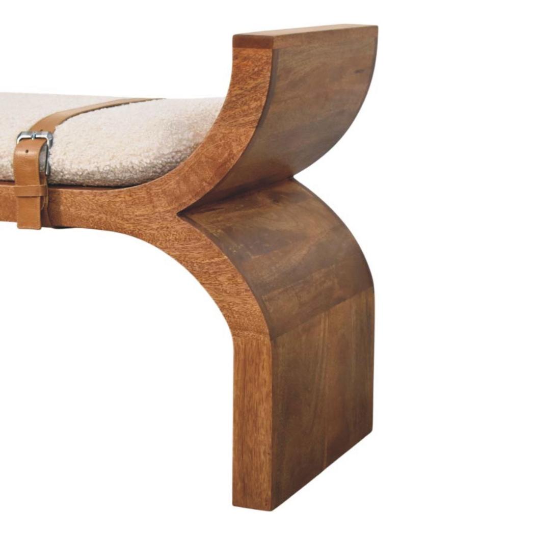 Stirrup Curve Bench | Solid Mango Wood | Amber Oak Finish | Bouclé Upholstered Entryway Bench