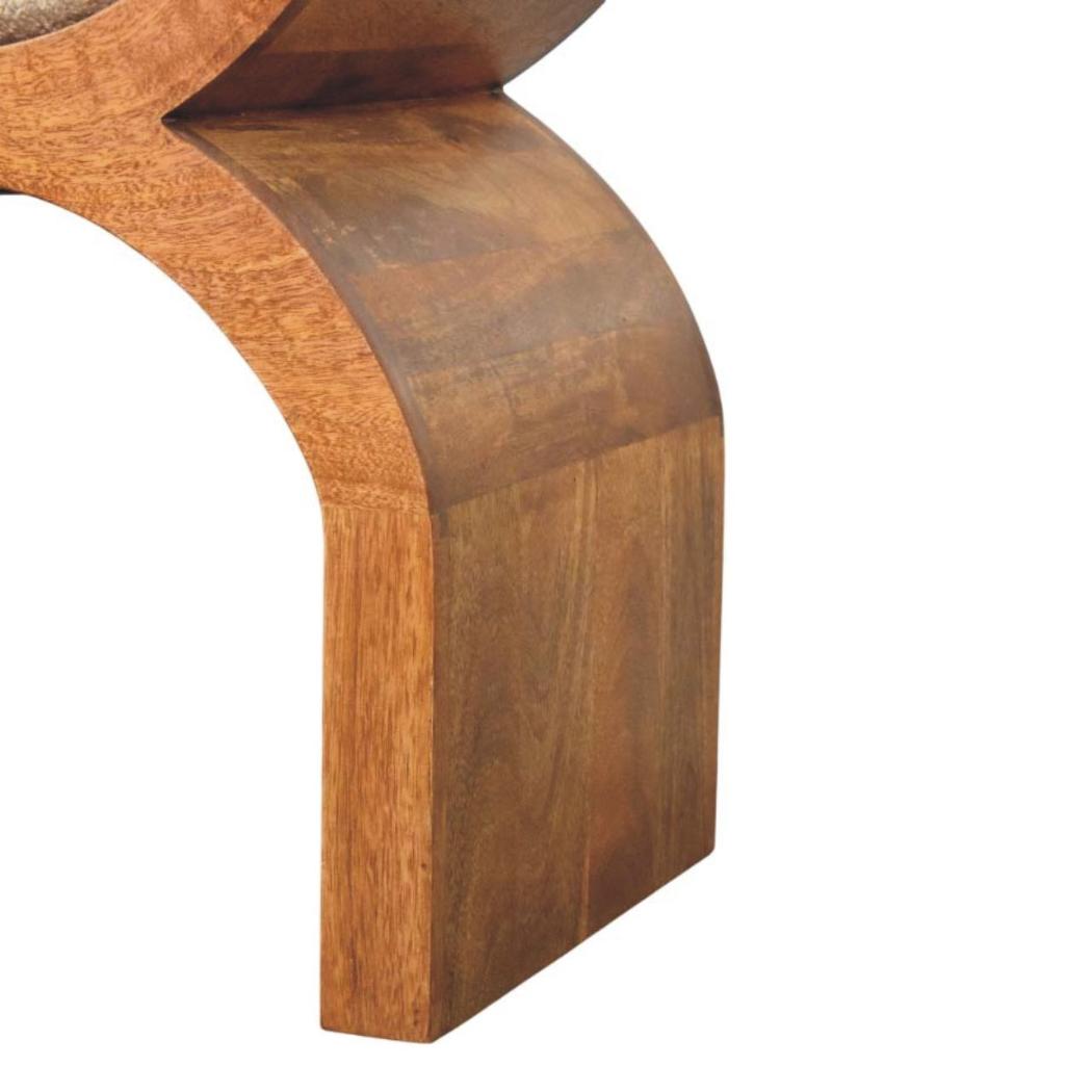 Stirrup Curve Bench | Solid Mango Wood | Amber Oak Finish | Bouclé Upholstered Entryway Bench