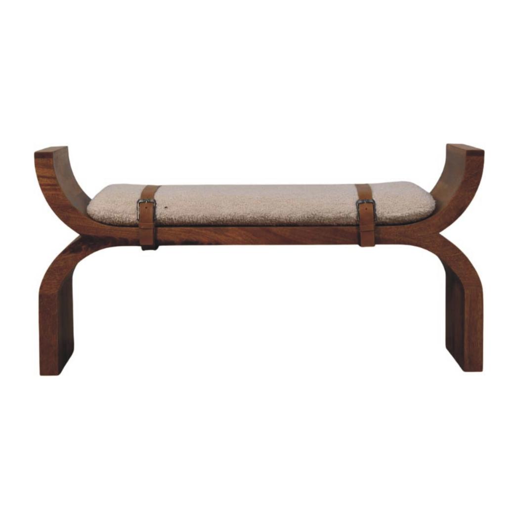 Stirrup Curve Bench | Solid Mango Wood | Amber Oak Finish | Bouclé Upholstered Entryway Bench