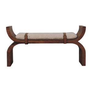 Stirrup Curve Bench | Solid Mango Wood | Amber Oak Finish | Bouclé Upholstered Entryway Bench
