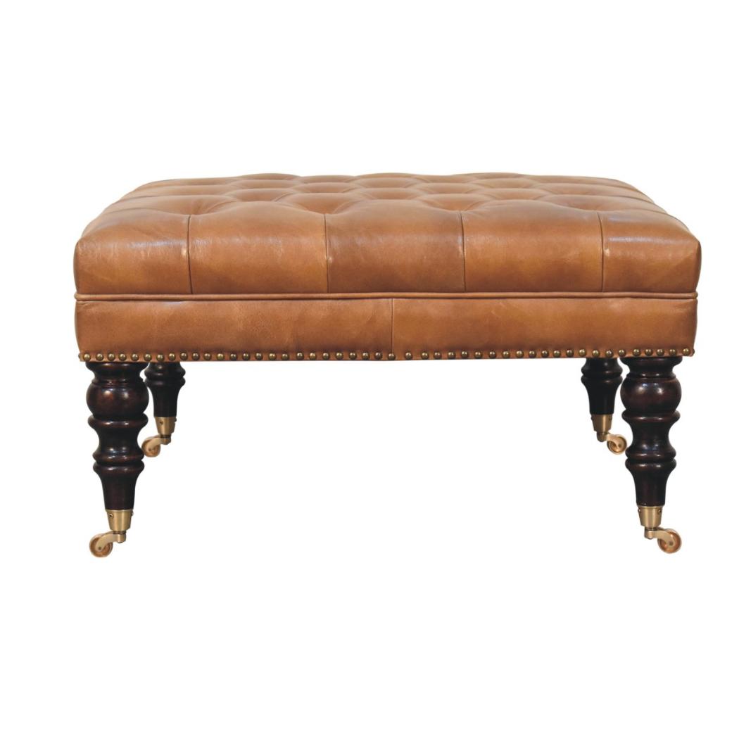 Studded Ottoman | Tan Buffalo Leather | Castor Legs