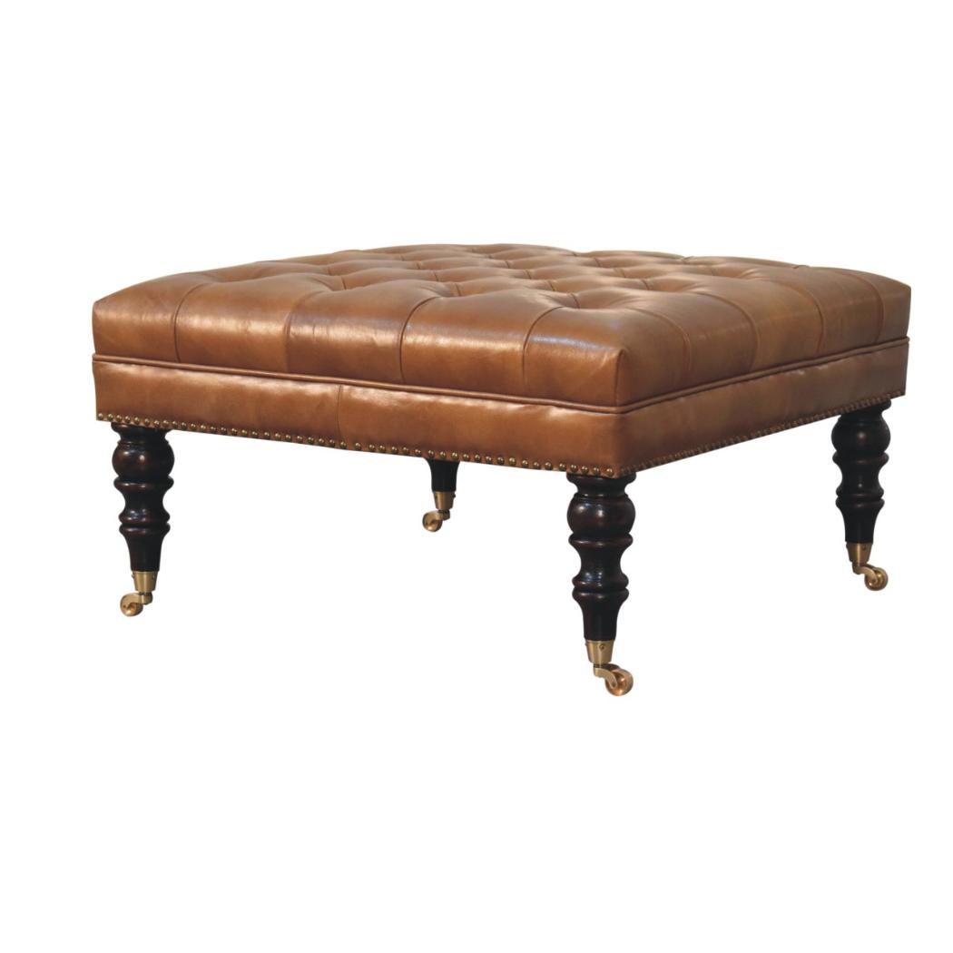 Studded Ottoman | Tan Buffalo Leather | Castor Legs
