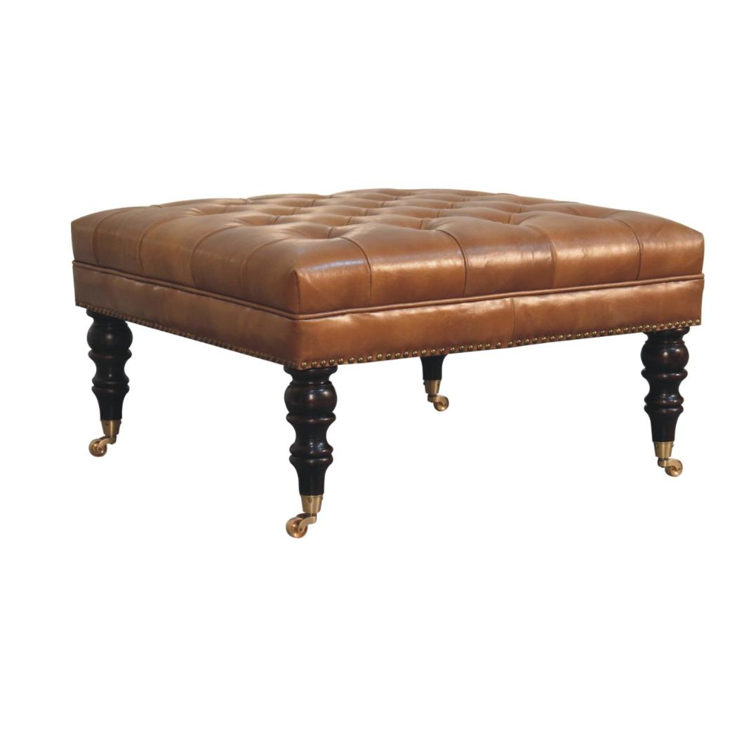 Studded Ottoman | Tan Buffalo Leather | Castor Legs