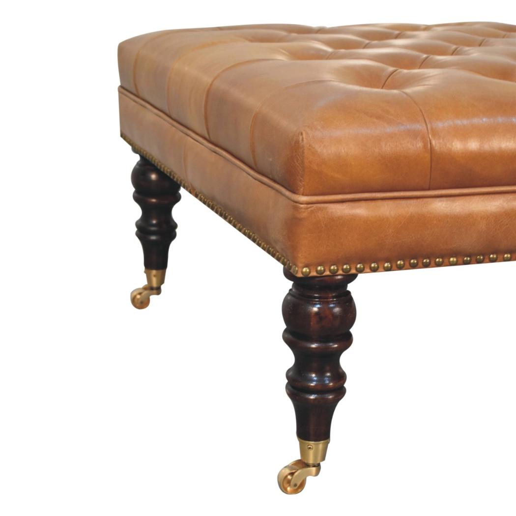Studded Ottoman | Tan Buffalo Leather | Castor Legs