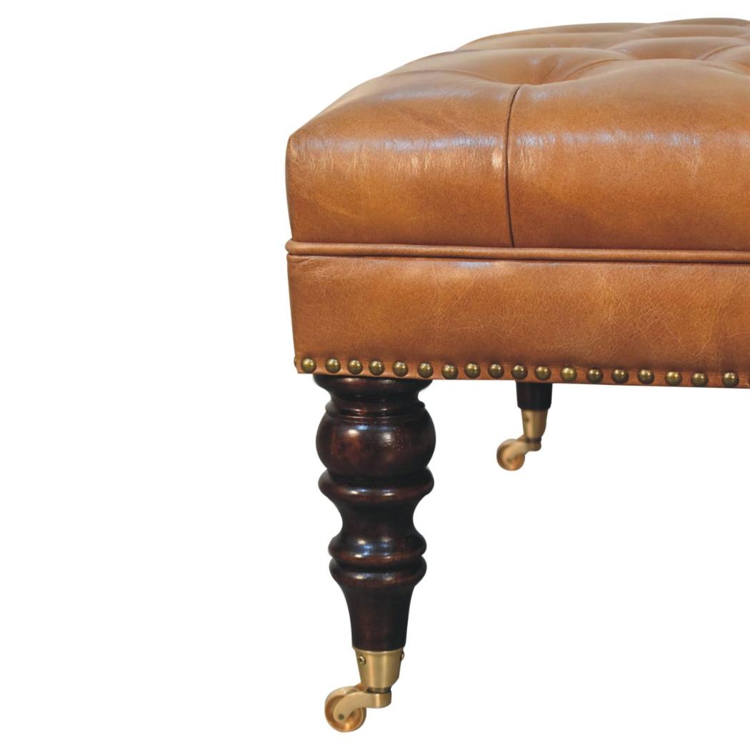 Studded Ottoman | Tan Buffalo Leather | Castor Legs