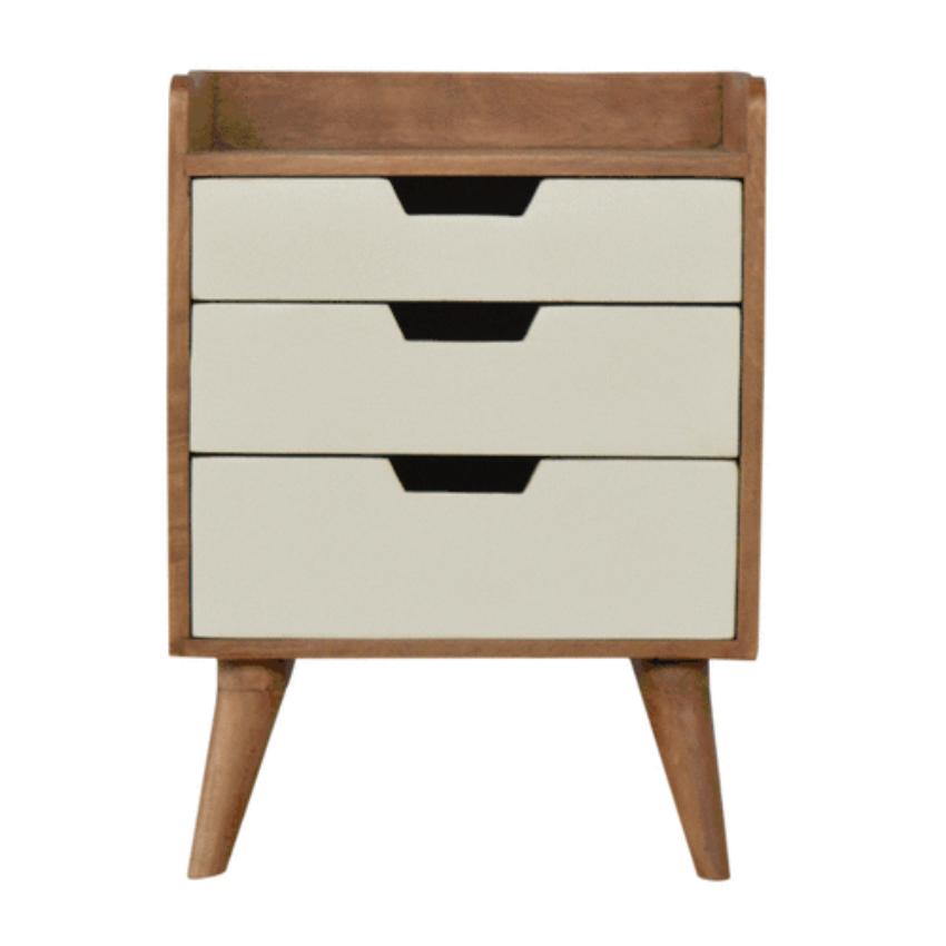 Sun-Bleached Mango Wood Bedside Table | 3 White Drawers | Nordic Legs