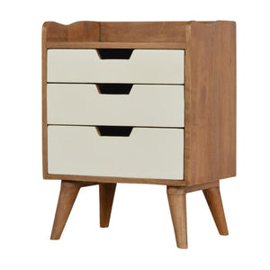 Sun-Bleached Mango Wood Bedside Table | 3 White Drawers | Nordic Legs
