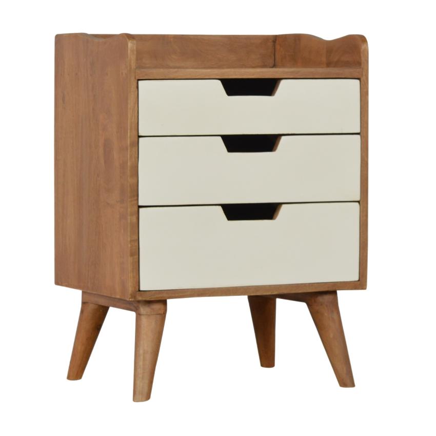 Sun-Bleached Mango Wood Bedside Table | 3 White Drawers | Nordic Legs