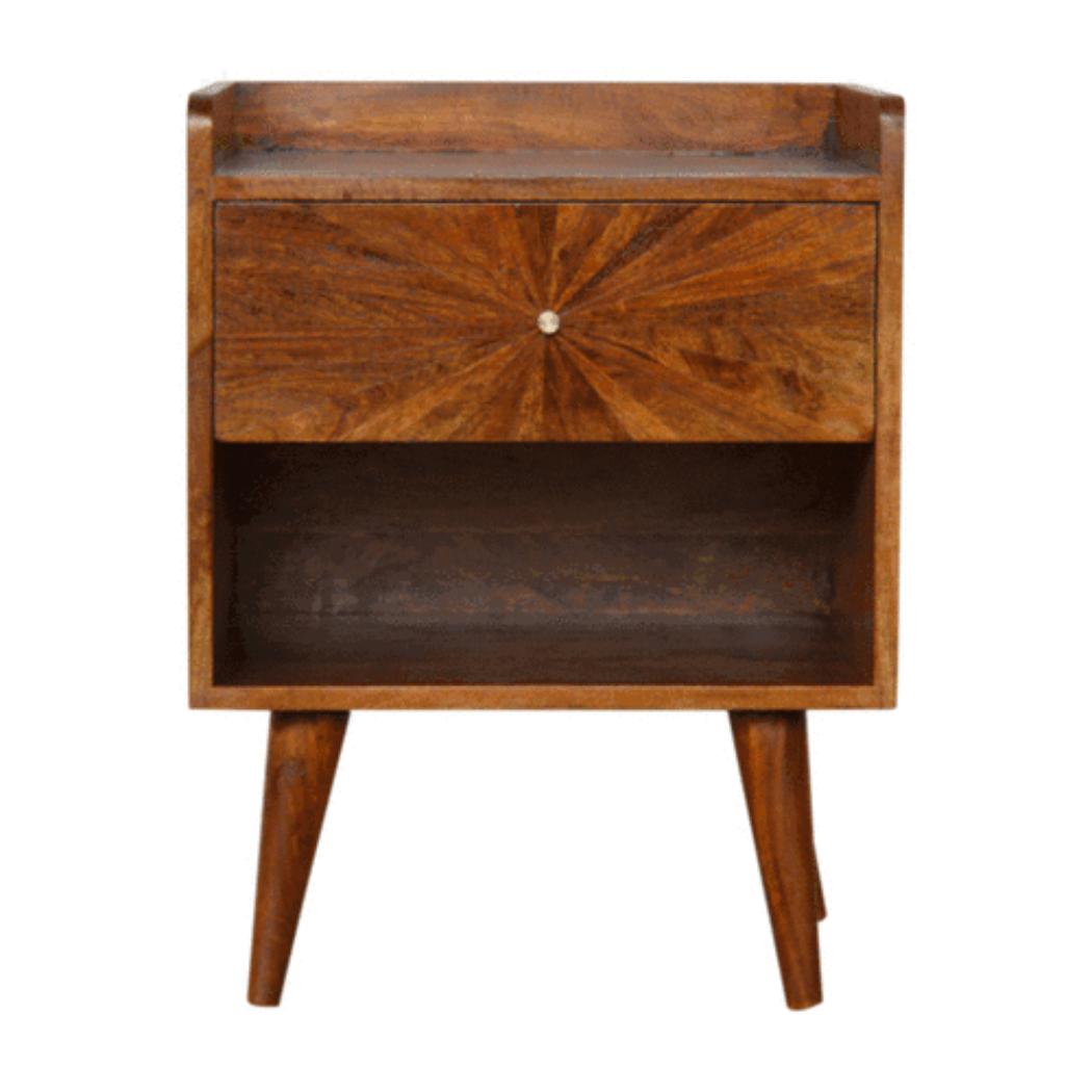 Sunrise Carved Bedside Table | Solid Mango Wood | Chestnut Finish | Bedroom Storage