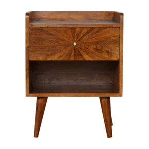 Sunrise Carved Bedside Table | Solid Mango Wood | Chestnut Finish | Bedroom Storage