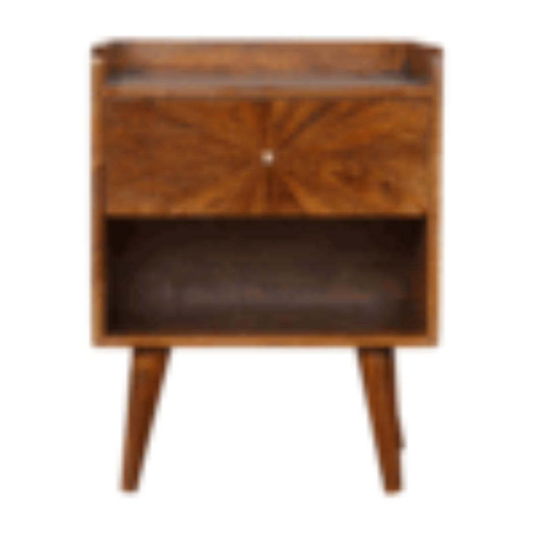 Sunrise Carved Bedside Table | Solid Mango Wood | Chestnut Finish | Bedroom Storage