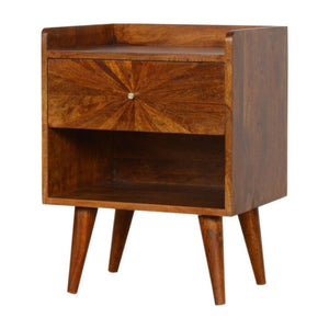 Sunrise Carved Bedside Table | Solid Mango Wood | Chestnut Finish | Bedroom Storage