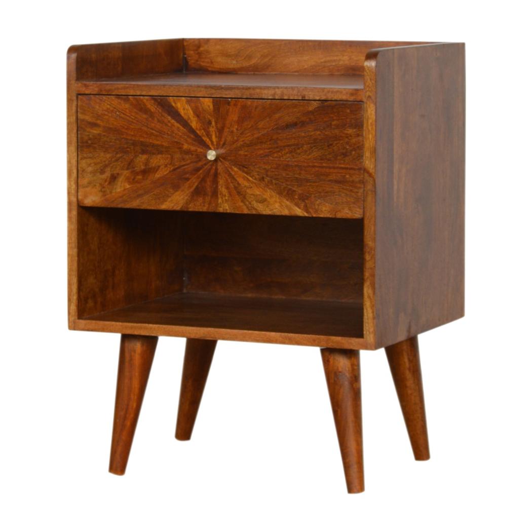 Sunrise Carved Bedside Table | Solid Mango Wood | Chestnut Finish | Bedroom Storage