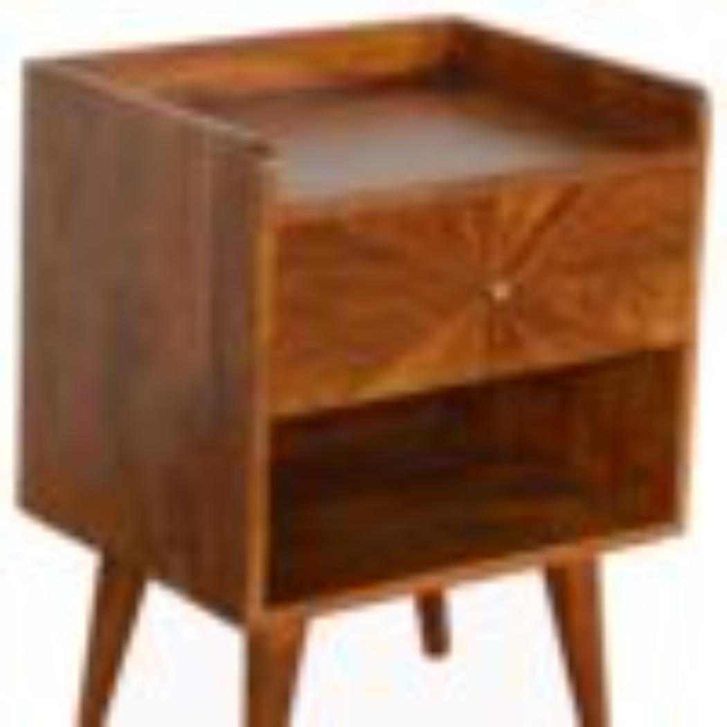 Sunrise Carved Bedside Table | Solid Mango Wood | Chestnut Finish | Bedroom Storage