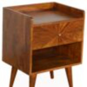 Sunrise Carved Bedside Table | Solid Mango Wood | Chestnut Finish | Bedroom Storage
