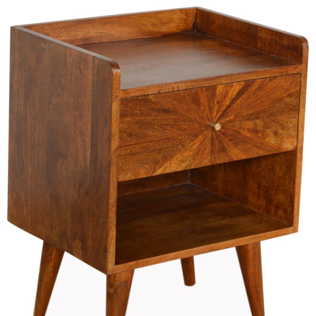 Sunrise Carved Bedside Table | Solid Mango Wood | Chestnut Finish | Bedroom Storage